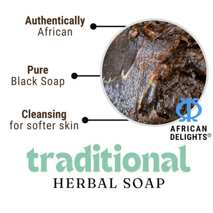 African Delights Herbal Black Soap Bar, Traditional Ghanaian Soap for Face & Body, Natural Skin Cleanser, Gentle Exfoliation, Ancient Recipe 17.64 oz (Pack of 1)