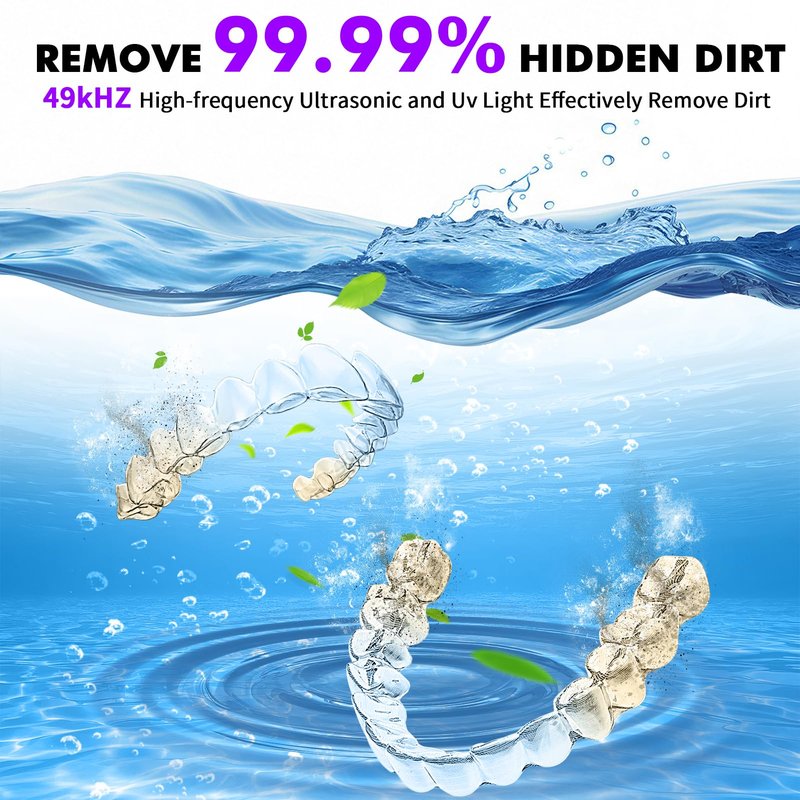 Dental Ultrasonic Retainer Cleaner Machine: Soffiya 49kHz Denture Cleaner with 350ML for Cleaning Dentures, Mouth Guards, Aligner, Braces, Toothbrush Head & Jewelry - UV Cleaner with 4 Digital Timers