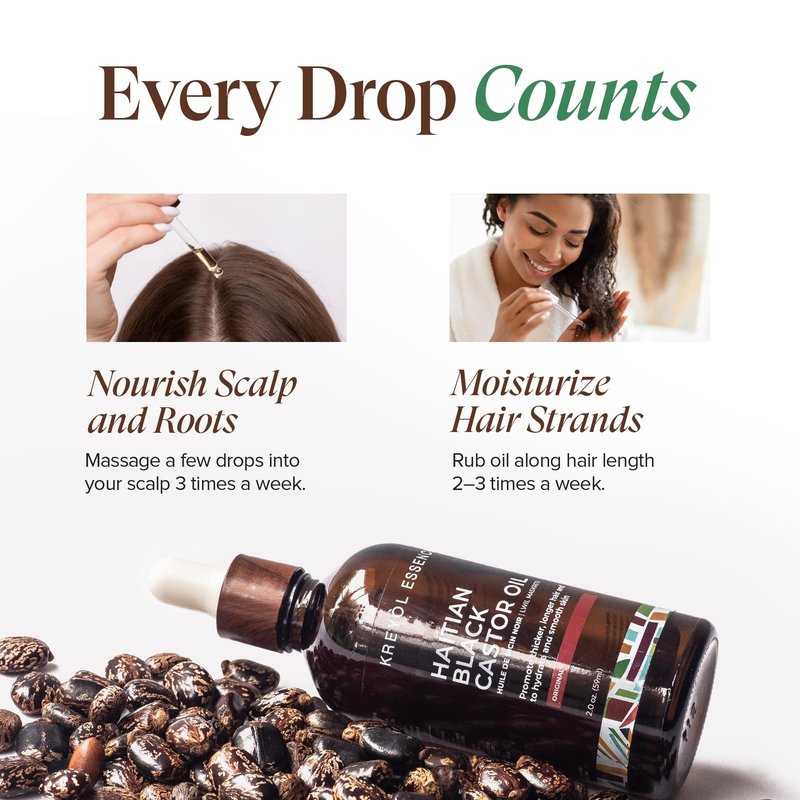 Kreyol Essence - Haitian Black Castor Oil for Skin and Hair, Glass Bottle - Fuller-Looking Hair, Pure, Hexane Free, Cold Pressed, Natural Humectant (Original, 3.4 fl oz)