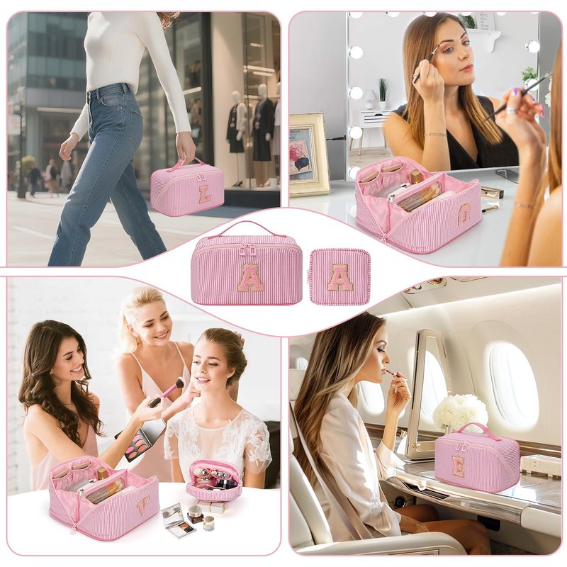 2026 Graduation Gifts - Travel Makeup Bag for Women, 2Pcs Portable Personalized Initial Makeup Organizer Bag, Open Flat Large Cosmetic Bag With Travel Essential Pouch (Pink Letter S)
