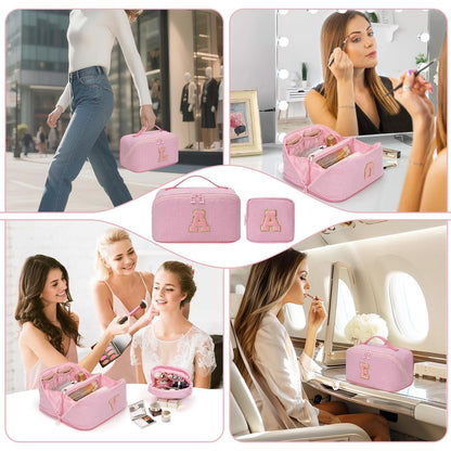 2026 Graduation Gifts - Travel Makeup Bag for Women, 2Pcs Portable Personalized Initial Makeup Organizer Bag, Open Flat Large Cosmetic Bag With Travel Essential Pouch (Pink Letter S)