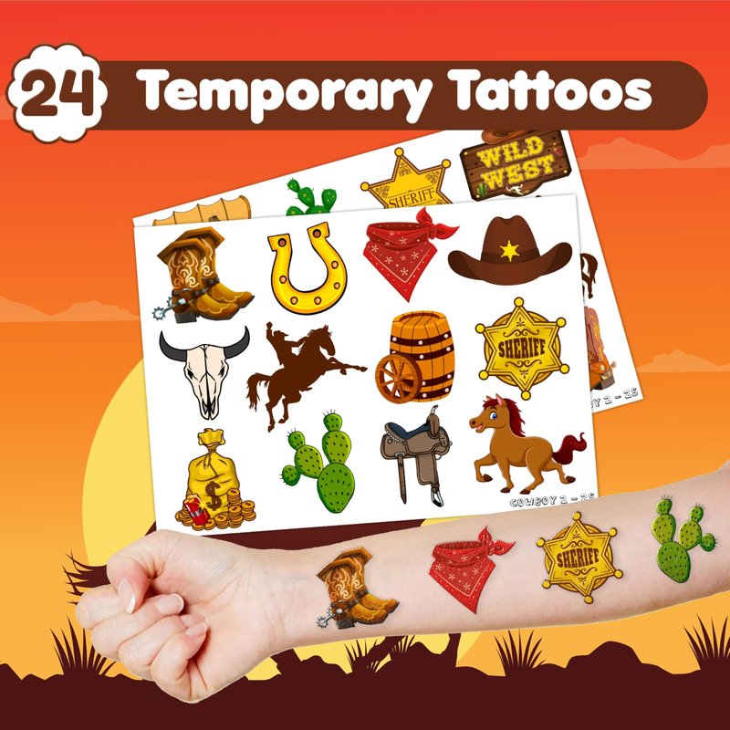 48PCS Cowboy Party Set - 24PCS Temporary Tattoos & 24PCS Slap Bracelets - Wild West-Themed Birthday Supplies, Baby Shower Gifts, Classroom Rewards & Party Decor for Kids (Boys & Girls)