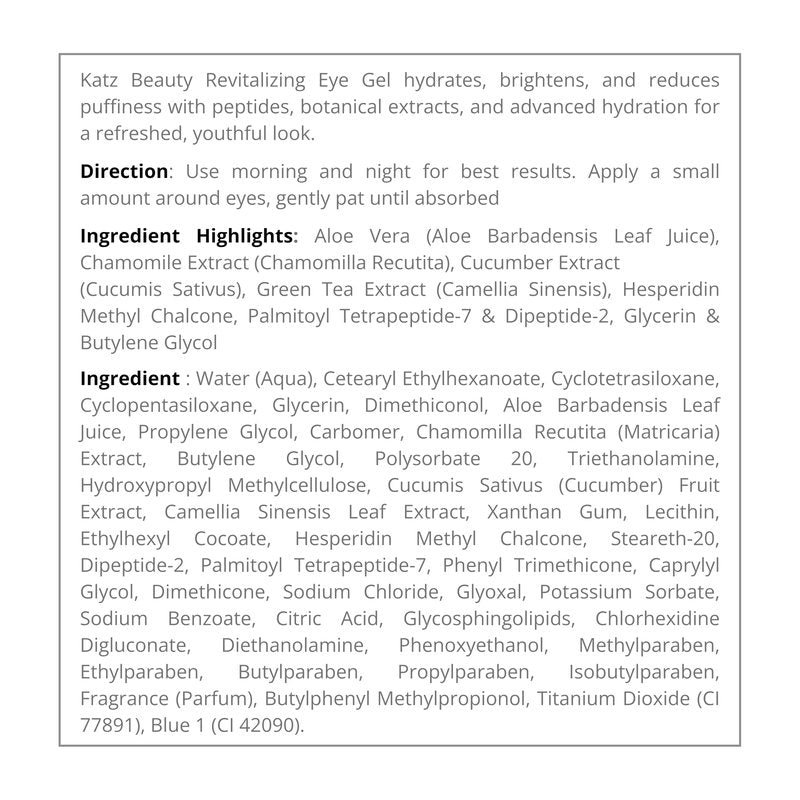 Katz Beauty Revitalizing Eye Gel, 0.5 oz - Hydrating, Brightening & Puffiness-Reducing Eye Cream with Aloe & Cucumber