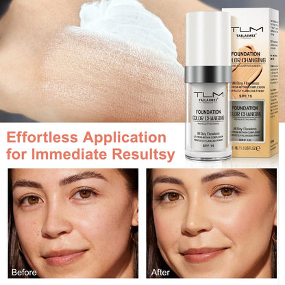 2PCS Flawless Colour Changing Warm Skin Tone Foundation, Naturally Blends Moisturizing foundation makeup, Long Lasting Waterproof Lightweight Liquid Foundation SPF 15 for Face Makeup