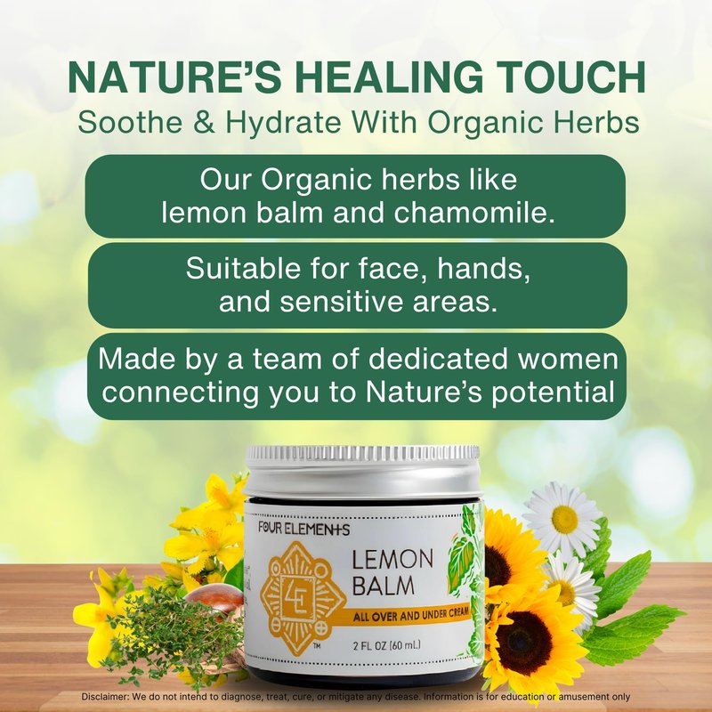 Four Elements Lemon Balm Face Moisturizer Cream - 2 Oz | Herbal Face Cream with Organic Lemon Balm, Chamomile, Shea Butter & Vitamin E | Body Hydrating Moisturizer Beauty Essential