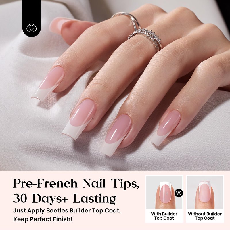 Beetles X Press Plus On Nails Kit - Pink Long Square French Tip Press On Nails | 224Pcs Acrylic Nail 16 Sizes All-in-One Kit with Nail Glue, Remover, Builder Top Coat, Nail Lamp
