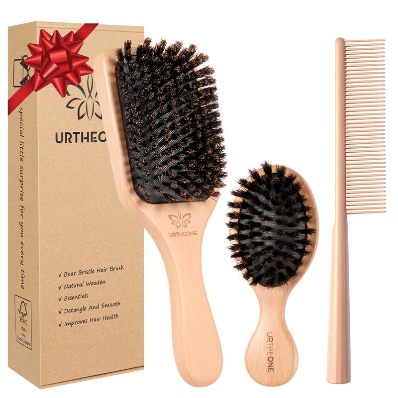 URTHEONE Pure Boar Bristle Hair Brush Set with Wide-Tooth Comb,Natural Beechwood Detangling Kit for Shine & Frizz Control,Gift for Women & Men