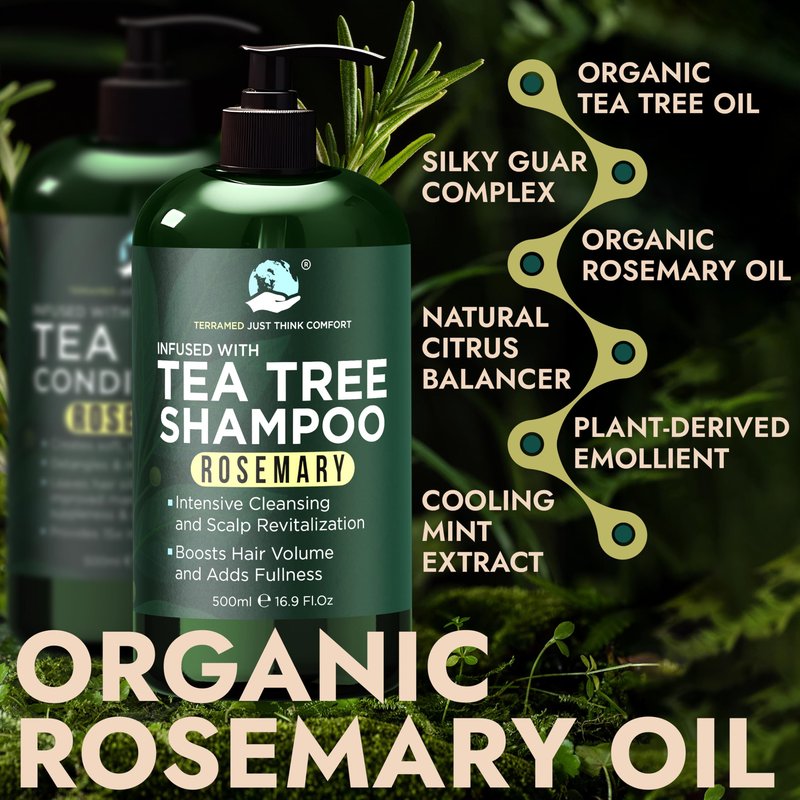 Rosemary Shampoo and Conditioner Set Infused with Tea Tree & Rosemary Oils for Scalp Relief and Hair Growth | Sulfate Free, Soothes Dry Scalp, Boosts Shine + Free Scalp Brush | 16.9 fl oz