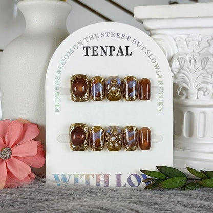 TENPAL Handmade Short Square Press on Nails with Kit,Golden Brown Chrome Hand-Sculpted Toffee Blooms & Gilded Edge Designs Glue on Nails,Glossy Sunset Metallic Cat Eye Fake Nails for Fall Winter(S)