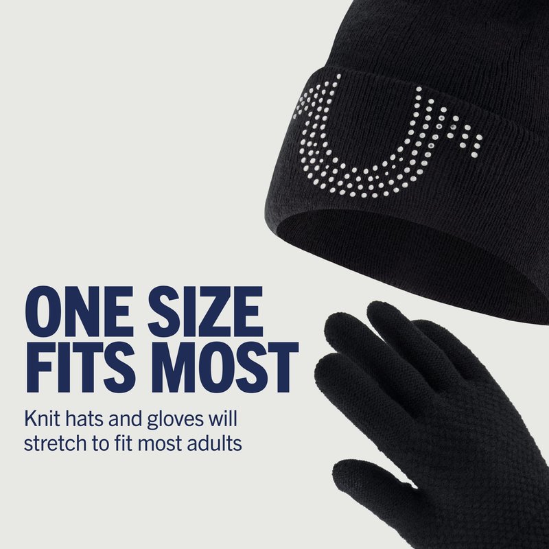 True Religion Beanie Hat and Touchscreen Glove Set, Cuffed Winter Knit Cap with Rhinestone Logo and Touch Screen Mittens, Black, One Size