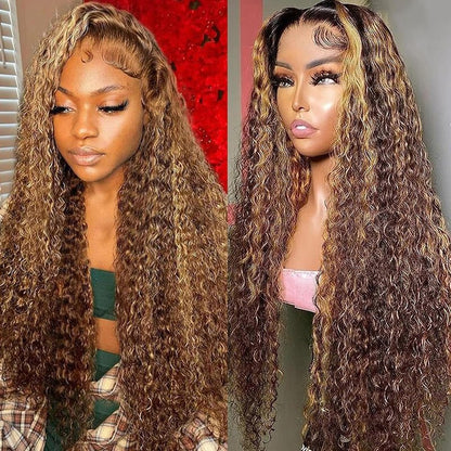 Aikebi Jerry Curly Human Hair Wig Highlight P4/30 T Glueless Curly 200% Density Pre Plucked Cut Human Hair Lace Wig for Black Women