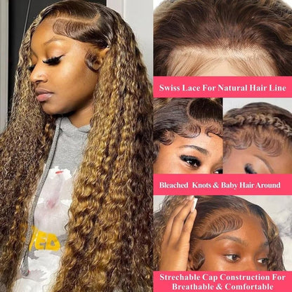 Aikebi Jerry Curly Human Hair Wig Highlight P4/30 T Glueless Curly 200% Density Pre Plucked Cut Human Hair Lace Wig for Black Women