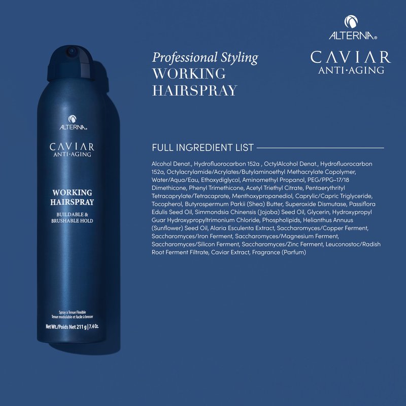 Alterna Haircare CAVIAR Anti-Aging Working Hairspray Travel Size 3 Fl Oz | Buildable, Brushable Hold | Helps Control Frizz and Adds Shine | Sulfate Free