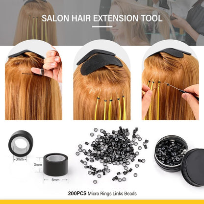 Gomake Microlinks Hair Extensions Kit, Hair Extension Closer and Removal Pliers, Micro Beads Pulling Hook & Microbead Loop Tool, Micro Links Silicone Rings Bead 200PCS(Black)