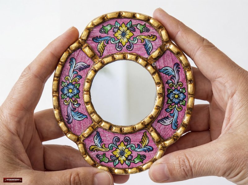 DecorContreras Peruvian Mirror Wall - Handmade Reverse Painted Glass Art - Elegant Miniature Oval Mirror for Gallery Wall - Unique 6" x 5.1" (Pink)