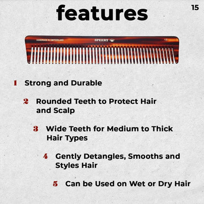 Speert #15 Handmade Wide Tooth Comb Tortoise Havana Acetate Thick Coarse Curly Detangling Parting Grooming Teasing Hair Styling Hairdresser Barber Hairdressing Wet Dry Pocket Travel Women Men Kids