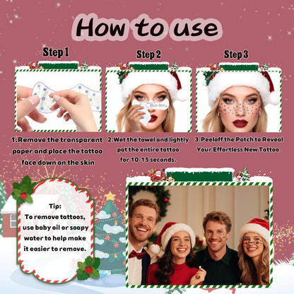 15 PCS Christmas Face Temporary Tattoos, With Red Green White Face Gems Glitter Freckles Face Tattoo for Women, Waterproof Christmas Accessories Face Makeup for Cosplay Party Supplies
