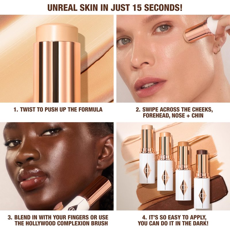 Charlotte Tilbury Unreal Skin Tint & Sheer Glow Hydrating Foundation Stick - Cream Foundation Makeup with Sheer-to-Light Coverage & a Buildable Formula - Blurring, Smoothing & Nourishing - 7.5 Medium
