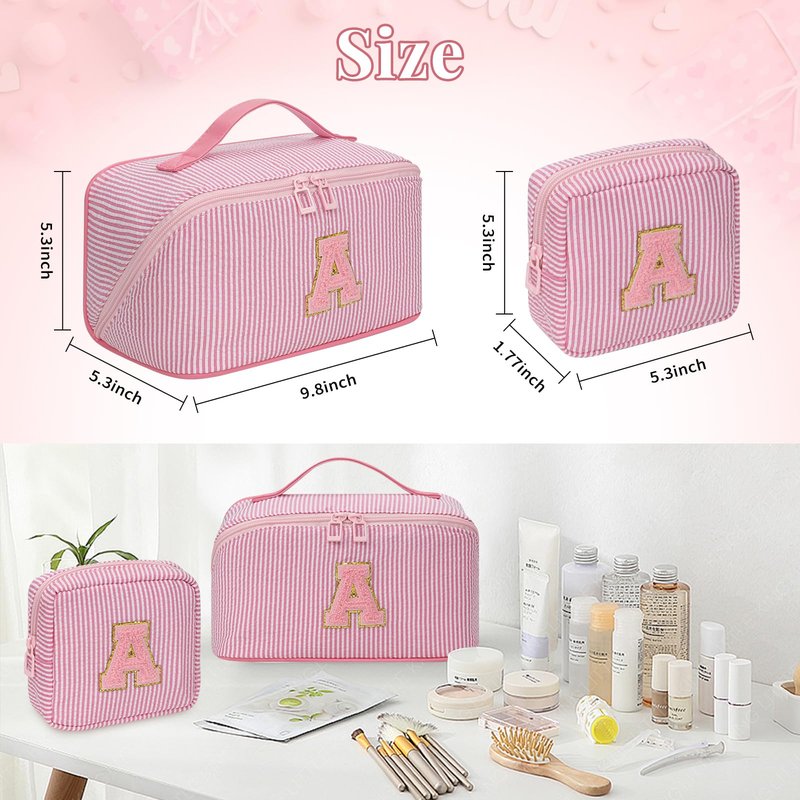 2026 Graduation Gifts - Travel Makeup Bag for Women, 2Pcs Portable Personalized Initial Makeup Organizer Bag, Open Flat Large Cosmetic Bag With Travel Essential Pouch (Pink Letter S)