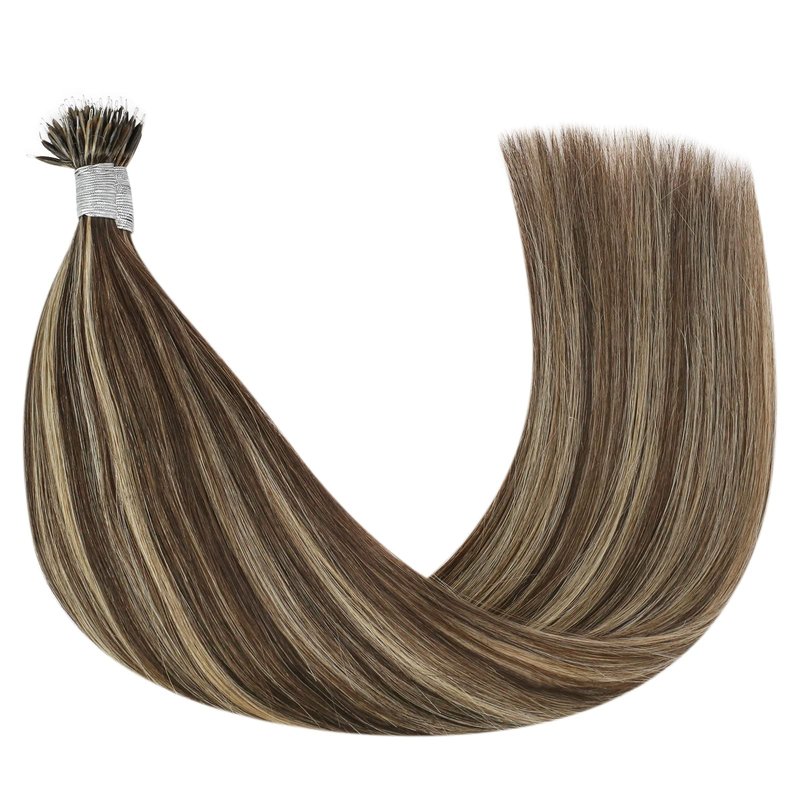 YoungSee 20in Nano Bead Hair Extensions Dark Brown Highlight Caramel Blonde Nano Hair Extensions Brown Human Hair Nanolink Hair Extension Cold Fusion Nanoring Natural Hair 50 Strands 50g for Wedding