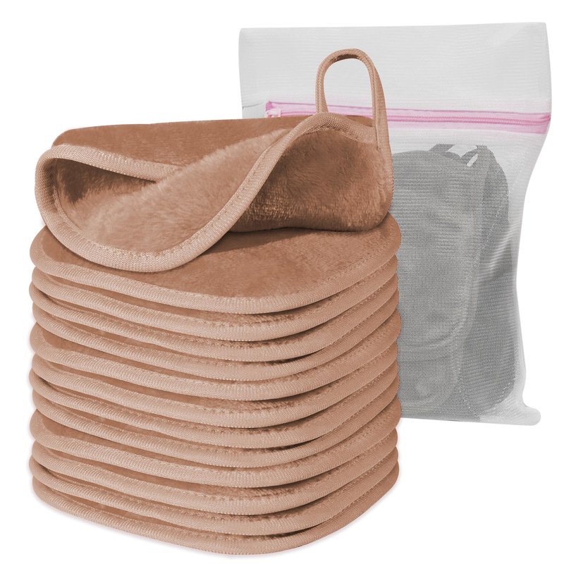 Natwag Makeup Remover Cloth, 6" x 6" Make Up Towels Reusable Face Cloth for Washing Face, Makeup Remover Pads Microfiber Face Washcloth with Mesh Bag, Just Water, 12 Pack, Light Brown