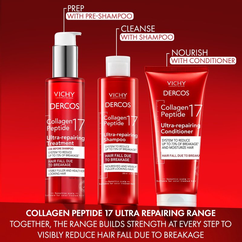 Dercos Collagen Peptide 17 Ultra-Repairing Conditioner, 200ml, Anti Hair Fall & Bond Repair for Damaged Weak Hair, Strengthens, Detangles, Boosts Shine & Volume