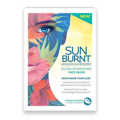 Sunburnt Ultra-Hydrating Face Sheet Mask, Advanced Sun Recovery, Treat Dry Sun Damaged Skin, For After Sun Exposure, Much More than Aloe, Soothes and Rehydrates Hot Dry Skin (4 single use masks)