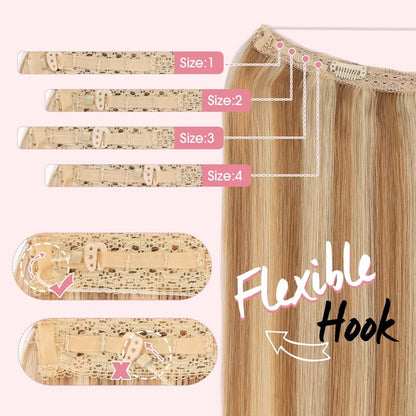 Halo Hair Extensions,Prokyvity Halo Hair Extensions Real Human Hair,Invisible Adjustable Wire Extensions for Seamless Blending 16 inch/65g Golden Brown Streaked with Bleach Blonde