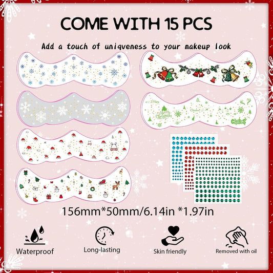 15 PCS Christmas Face Temporary Tattoos, With Red Green White Face Gems Glitter Freckles Face Tattoo for Women, Waterproof Christmas Accessories Face Makeup for Cosplay Party Supplies