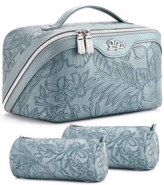 BOYATU Travel Makeup Bags Cosmetic Organizer Bag: 3 Pcs Set Large Capacity Floral Make up Bag with Compartments - Waterproof Leather Toiletry Bags with Handle for Women (01-Light Blue)