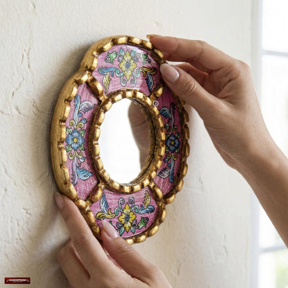 DecorContreras Peruvian Mirror Wall - Handmade Reverse Painted Glass Art - Elegant Miniature Oval Mirror for Gallery Wall - Unique 6" x 5.1" (Pink)