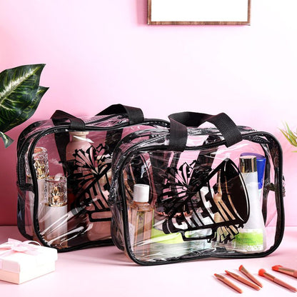 Kacctyen 12 Pcs Cheer Large Clear Toiletry Cosmetic Makeup Bag with Zipper and Handle Cheer Snack Bag Bulk for Team 12 x 9 x 4 Gift Bags Tote Pouch Cheerleading Teammates Party Supplies (Black)