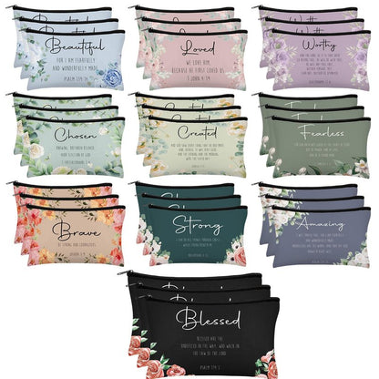 Jetec 30 Pcs Christian Gift for Women Bulk Religious Cosmetic Bags Christmas Inspirational Bible Verse Pencil Pouch Makeup Bags with Zipper for Travel Women Mother Church Favors(Brave,Morandi Style)