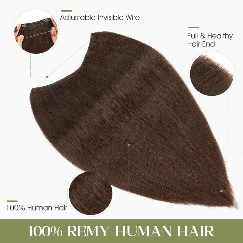 Charites Halo Hair Extensions Real Human Hair Invisible Wire Extensions with Transparent Fish Line Adjustable Size Dark Brown 12 inch