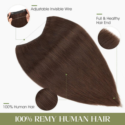 Charites Halo Hair Extensions Real Human Hair Invisible Wire Extensions with Transparent Fish Line Adjustable Size Dark Brown 12 inch