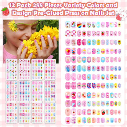 288 Pieces Kids Nails Press ons for Girls, Acejoz Fake Nail Set Pre Glue Stick on Short Nails for Children Little Girls 8-12 Year Nail Art Decoration