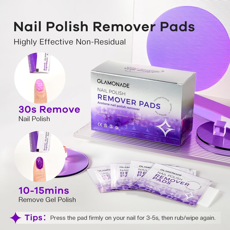Glamonade Nail Polish Remover Pads: 50 Pack Bulk Set Acetone Nail Polish Remover Wipes Individually Wrapped - Rapidly Remove Gel Polish & Fingernail Polish Travel Kit for Home & Salon