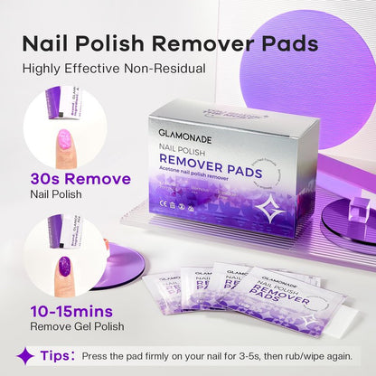 Glamonade Nail Polish Remover Pads: 50 Pack Bulk Set Acetone Nail Polish Remover Wipes Individually Wrapped - Rapidly Remove Gel Polish & Fingernail Polish Travel Kit for Home & Salon
