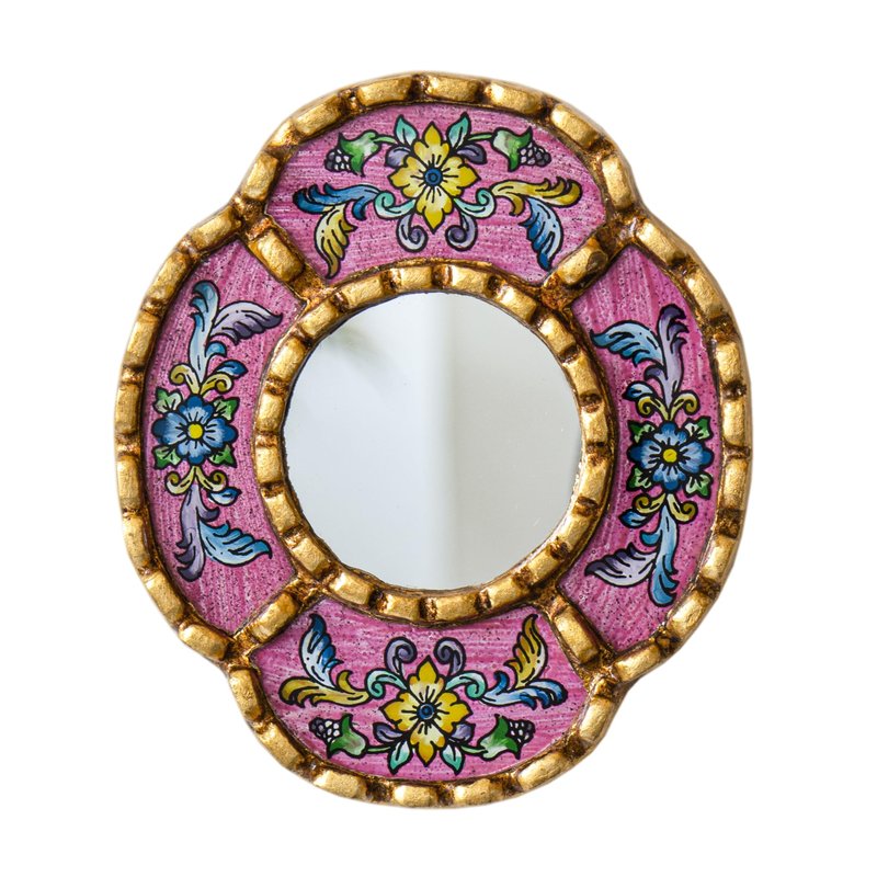 DecorContreras Peruvian Mirror Wall - Handmade Reverse Painted Glass Art - Elegant Miniature Oval Mirror for Gallery Wall - Unique 6" x 5.1" (Pink)