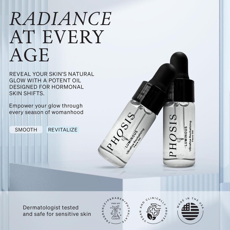 Phosis - Luminous Ultrafine Revitalizing Face Oil for Women – Lightweight Facial Glow Elixir with Sea Buckthorn, Prickly Pear, Pomegranate & Meadowfoam – 3 ml (Trial Size - 3-4 uses per bottle)