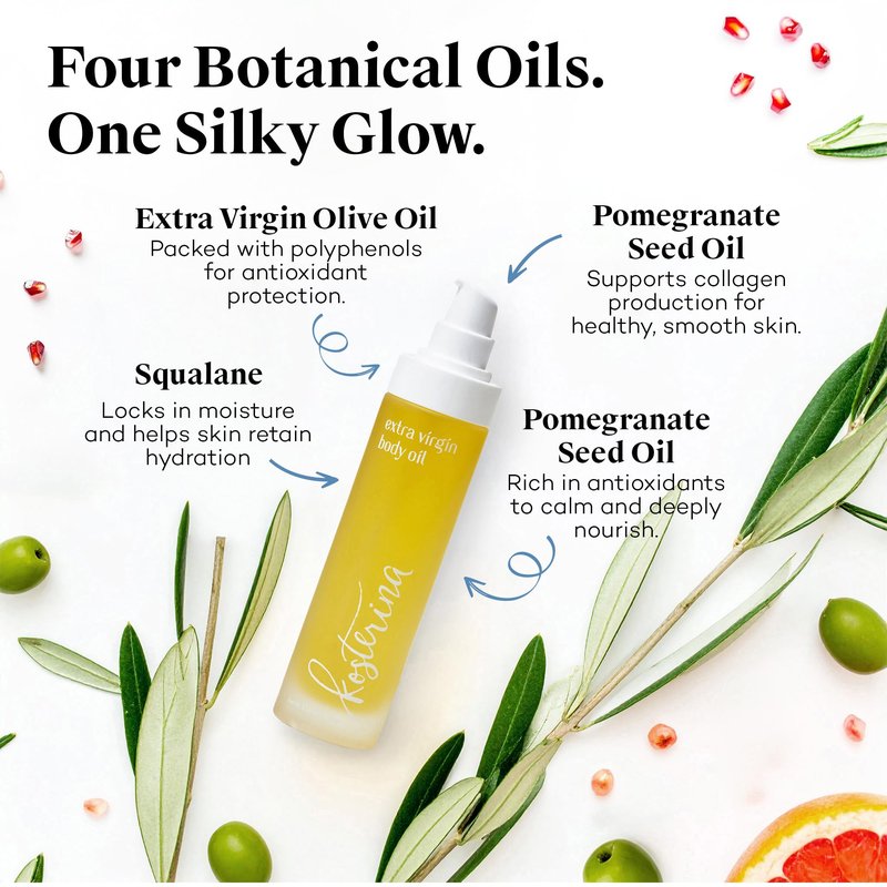 Kosterina Extra Virgin Body Oil | Hydrating, All-Natural Moisturizer with Antioxidants, Olive Oil, Squalane, Herb Spice Blend | 3.38oz (100ml)