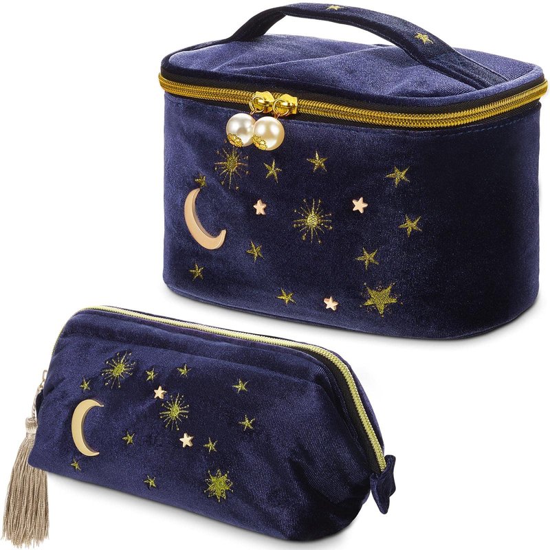 Patelai 2 Pcs Velvet Makeup Bag Moon Stars Cosmetic Bags Goth Embroidered Makeup Pouch Portable Travel Starry Pouch Toiletry Wash Bags Cute Storage Clutch Handbags for Women Gifts(Navy Blue)