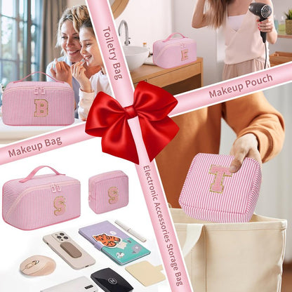 2026 Graduation Gifts - Travel Makeup Bag for Women, 2Pcs Portable Personalized Initial Makeup Organizer Bag, Open Flat Large Cosmetic Bag With Travel Essential Pouch (Pink Letter S)
