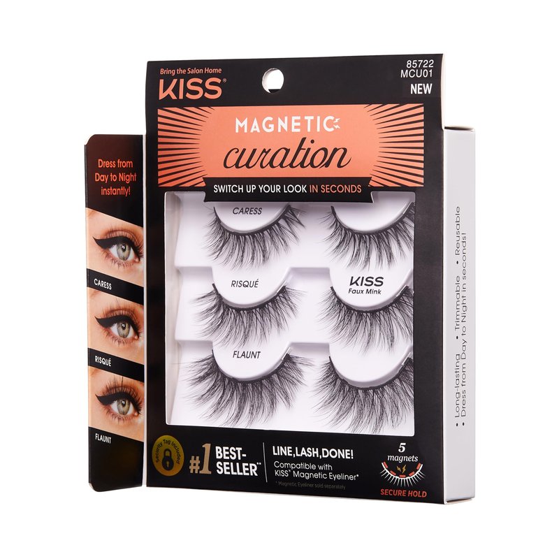 KISS Magnetic Curation False Eyelashes, 3 Pair with 5 Double Strength Magnets, Wind Resistant, Dermatologist Tested, Last Up To 16 Hours, Reusable Up To 15 Times in 3 Styles, Black, 3 Count