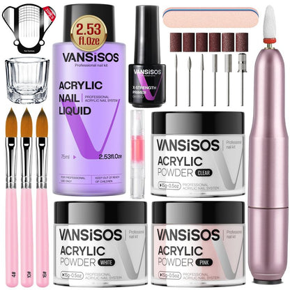 VANSISOS Acrylic Nail Kit with Drill: Complete Set with Everything for Beginners and Women at Home Salon - Including Clear White Pink Acrylic Powder and Liquid and Brushes for Extensions