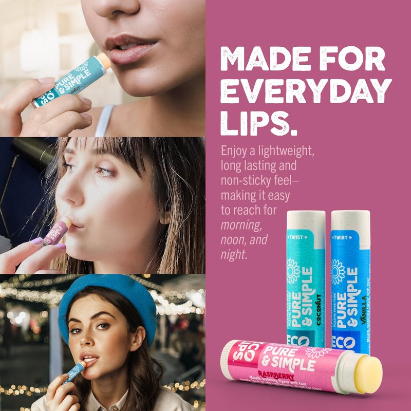 Eco Lips Pure & Simple Raspberry, Coconut and Vanilla Organic Lip Balm 9-Pack (0.15 oz.) - 100% Natural. 100% Plastic-Free Packaging | Made in USA & Cruelty Free