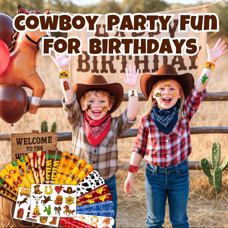 48PCS Cowboy Party Set - 24PCS Temporary Tattoos & 24PCS Slap Bracelets - Wild West-Themed Birthday Supplies, Baby Shower Gifts, Classroom Rewards & Party Decor for Kids (Boys & Girls)