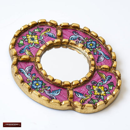 DecorContreras Peruvian Mirror Wall - Handmade Reverse Painted Glass Art - Elegant Miniature Oval Mirror for Gallery Wall - Unique 6" x 5.1" (Pink)