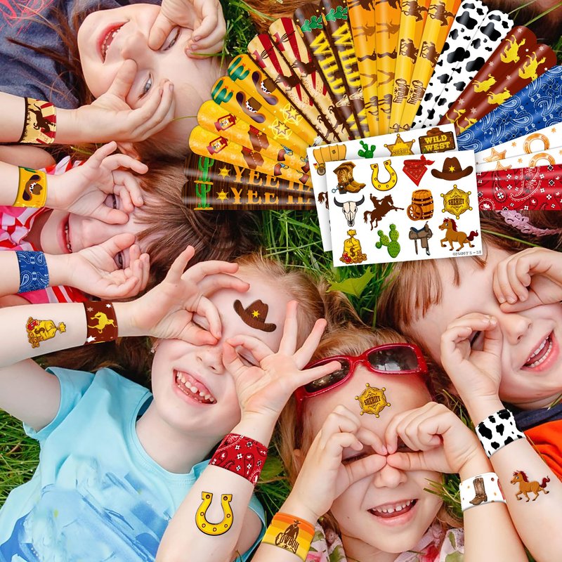 48PCS Cowboy Party Set - 24PCS Temporary Tattoos & 24PCS Slap Bracelets - Wild West-Themed Birthday Supplies, Baby Shower Gifts, Classroom Rewards & Party Decor for Kids (Boys & Girls)