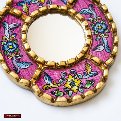 DecorContreras Peruvian Mirror Wall - Handmade Reverse Painted Glass Art - Elegant Miniature Oval Mirror for Gallery Wall - Unique 6" x 5.1" (Pink)